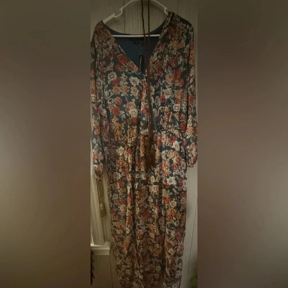 NWT New Look women’s Long Sleeve Floral Dress 2XL blue pink bronze tie belt - Picture 5 of 5